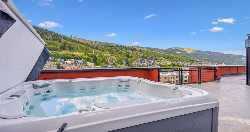 Main & SKY Park City Utah Main & SKY private balcony Jacuzzi with mountain views in Park City.